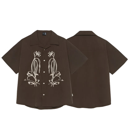 Brown striped Cuban collar short sleeve outdoor shirt made from quick-dry polyester.