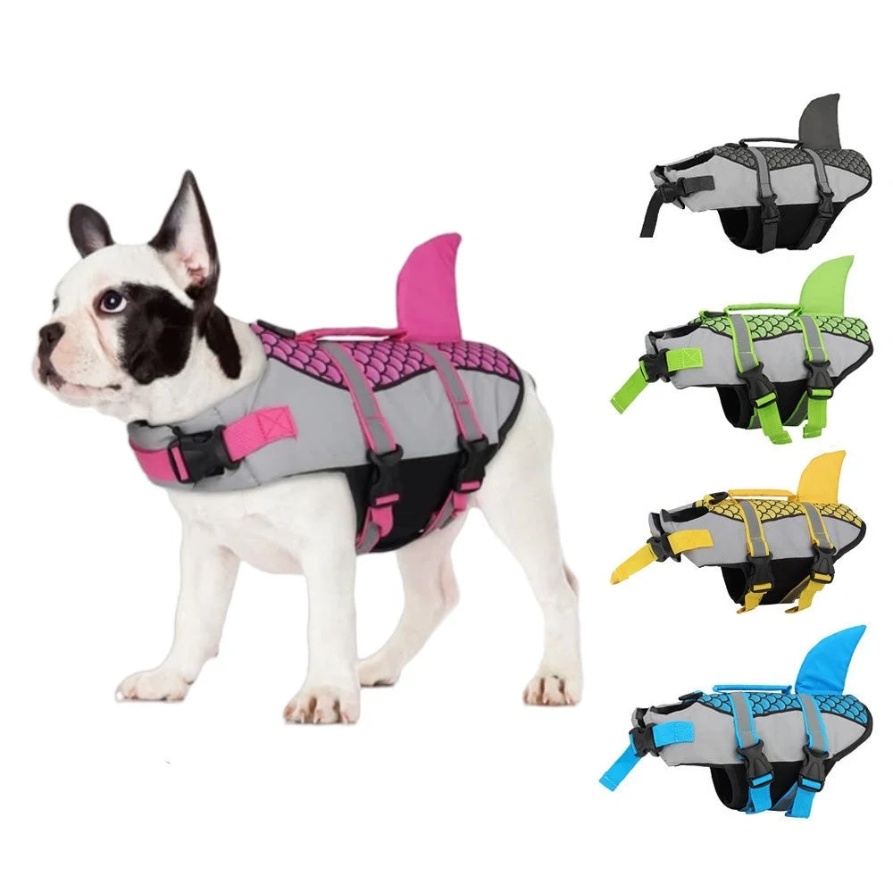 High buoyancy dog swim vest with emergency handle and leash attachment in multiple colors