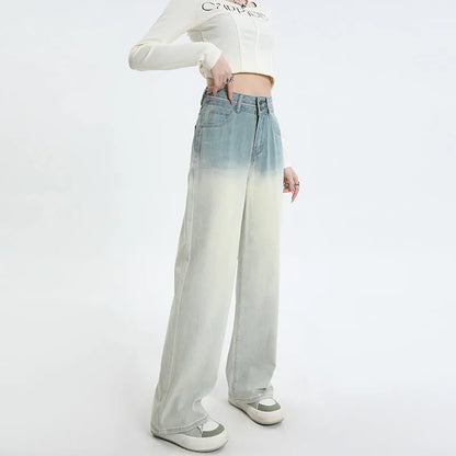 Gradient blue straight-leg trousers for women in denim with cotton composition, size range XS to 2XL