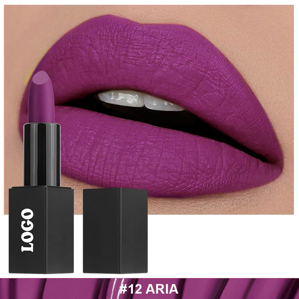 Beauty Does Not Fade matte finish lipstick in nonstick cup packaging, showing range of 24 colour shades.