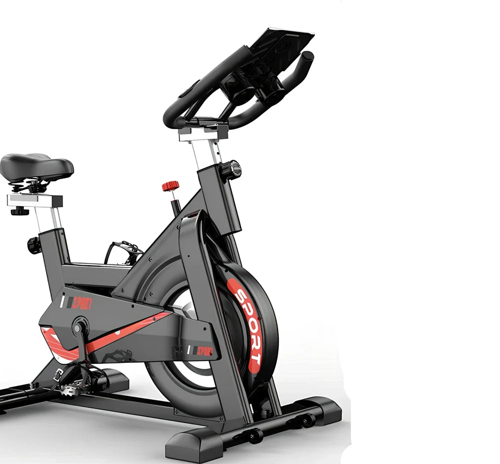 Black upright spinning bike with infinite resistance display for silent home fitness tracking distance and calories