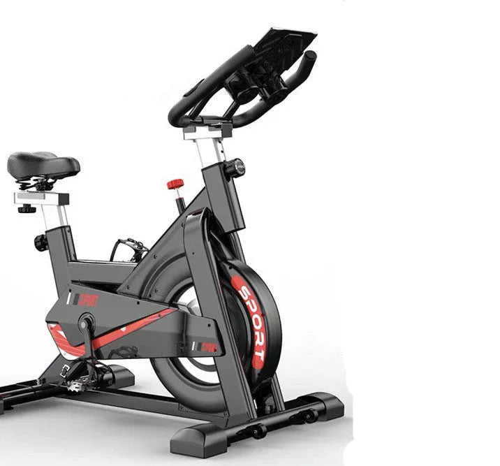 Black upright spinning bike with silent operation, infinite resistance adjustment, and display for distance, time, speed, and calories