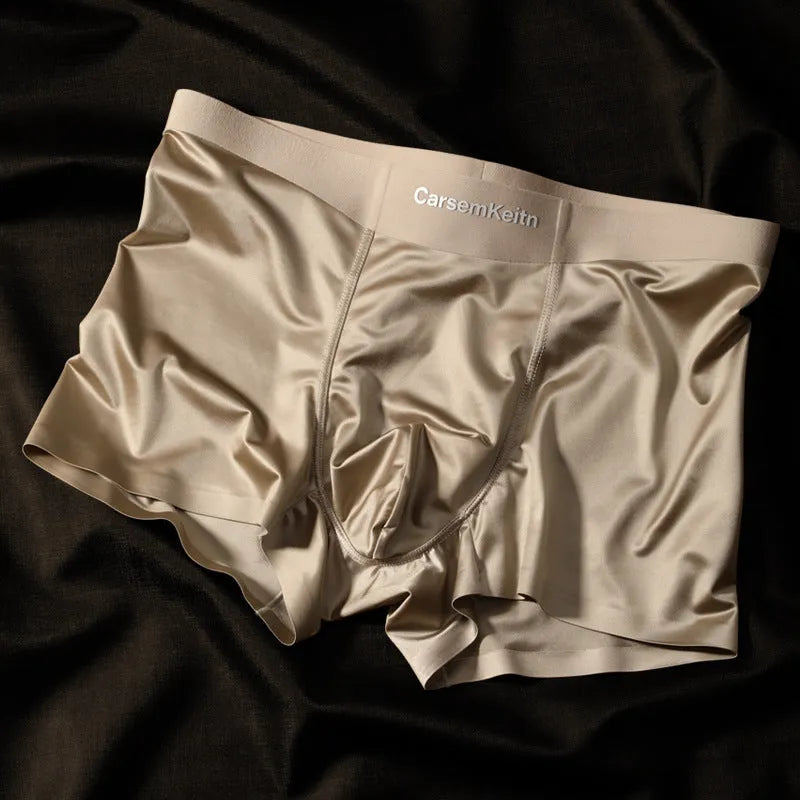 Men's colourblock Ice Silk seamless underwear in blue, brown, gray, and white on a size chart.