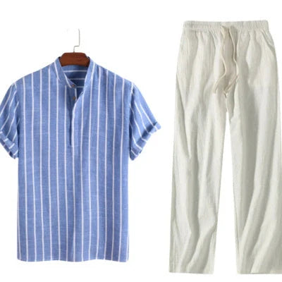 Men's striped short sleeve cotton shirt in white, red, gray, and blue