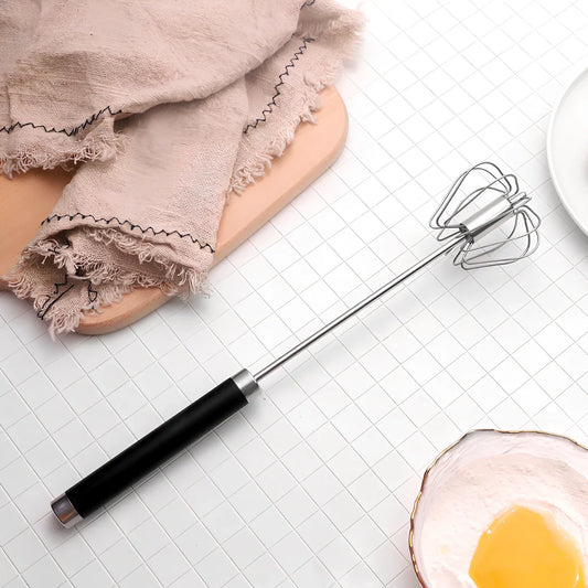 Self-spinning whisk with straight stainless steel design and black handle in multiple colours
