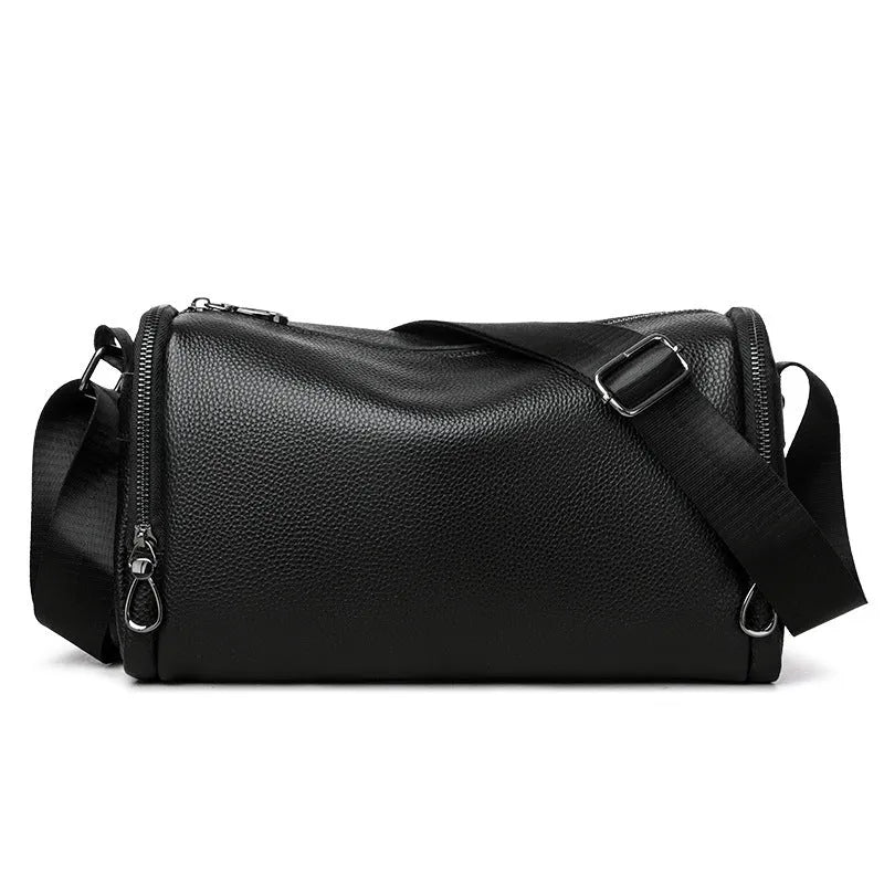Genuine leather crossbody shoulder bag for men in black or brown with top grain cowhide and stitching detail