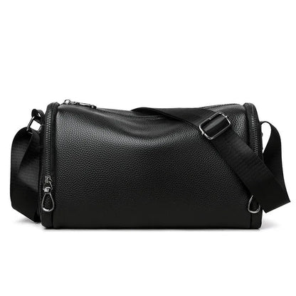 Genuine leather crossbody shoulder bag for men in black or brown with top grain cowhide and stitching detail