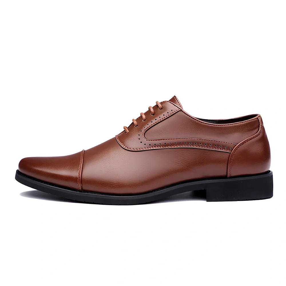 Men's black and brown casual leather shoes with sewing line detailing and rubber soles