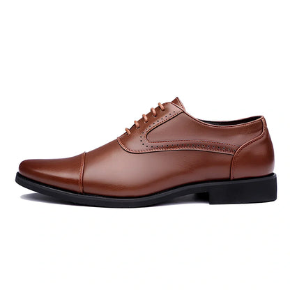 Men's black and brown casual leather shoes with sewing line detailing and rubber soles