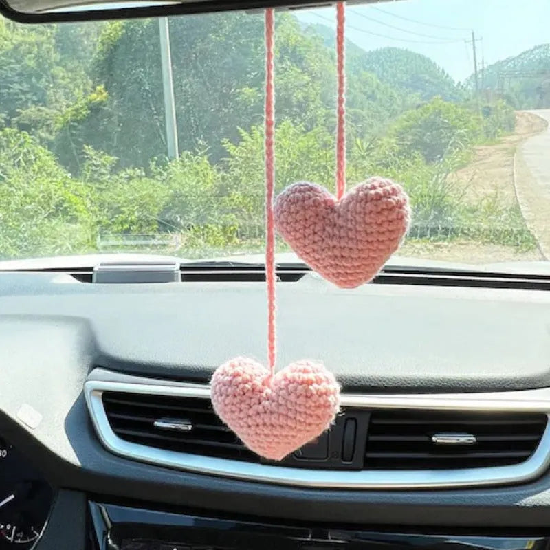 Green and white knitting wool car plant decoration with 8cm base and 25cm hanging rope