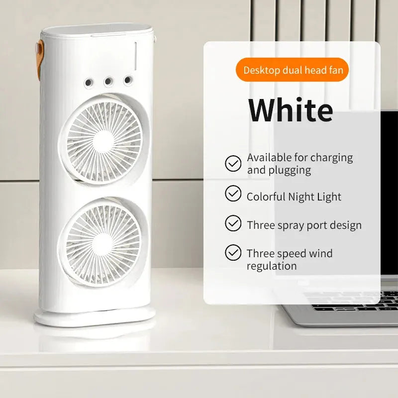 White portable humidifier fan with double heads and remote control on a table