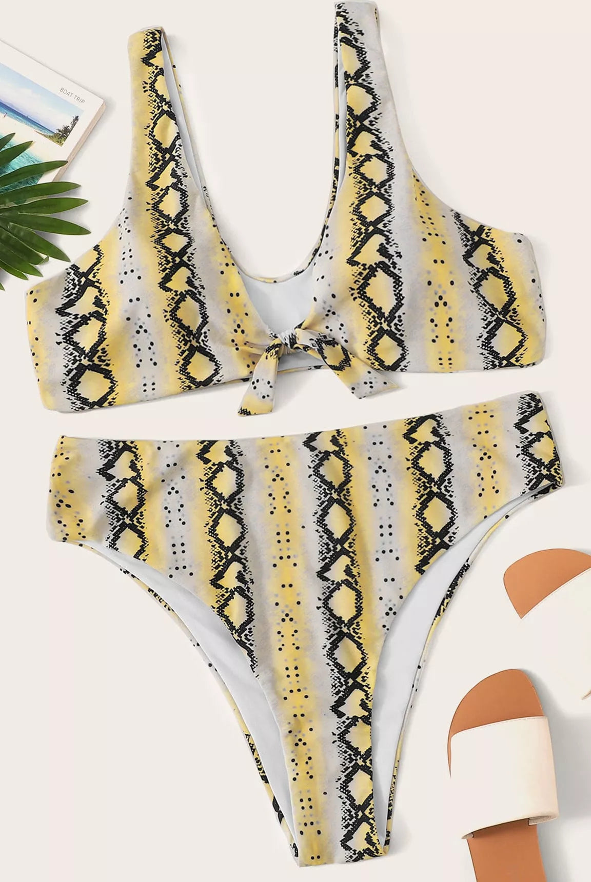 Plus size knotted high waist swimwear in striped backless design