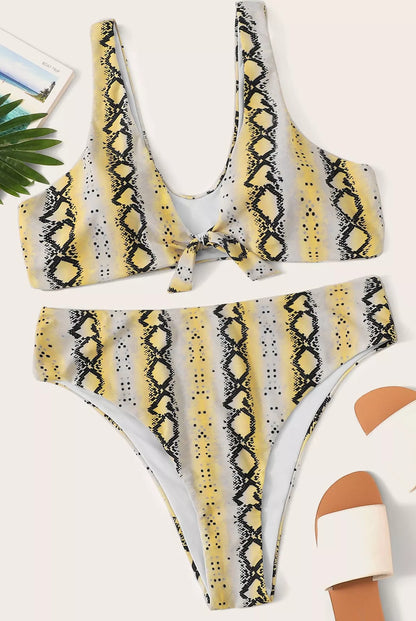 Plus size knotted high waist swimwear in striped backless design