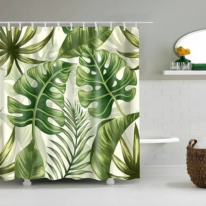 Tropical shower curtain with green and white design, digital printing technology, multiple size options for bathrooms