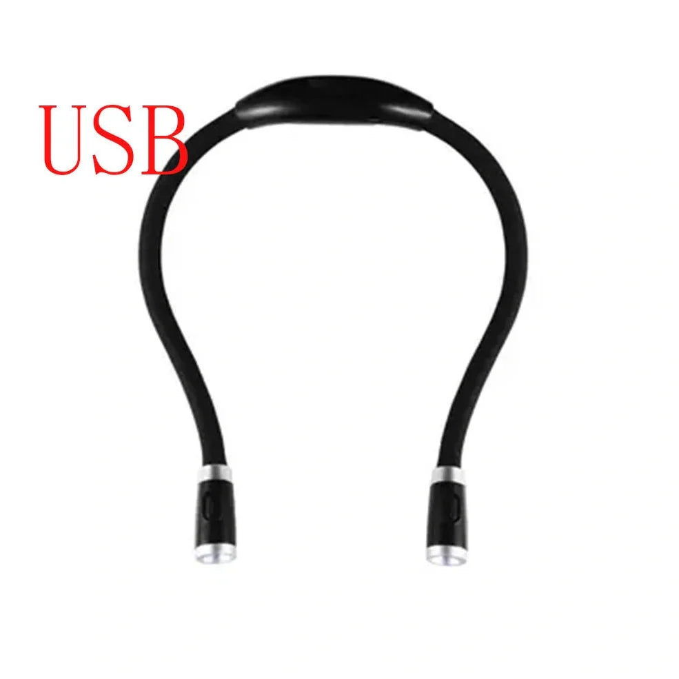Flexible neck book light with U-shaped design showing adjustable LED reading lamp in use