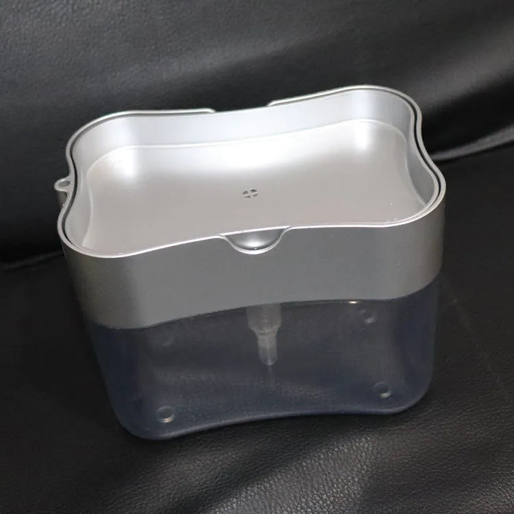 Kitchen soap dispenser with pump mechanism, made from durable plastic material available in grey and silver colour options, measuring 14.5cm × 9.5cm × 13.5cm for practical countertop placement in bathrooms and kitchens