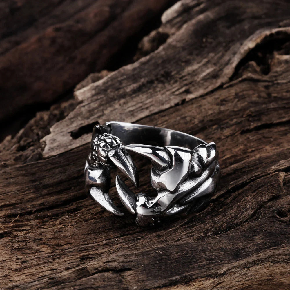 Men's open dragon claw ring in titanium steel with chrome finish