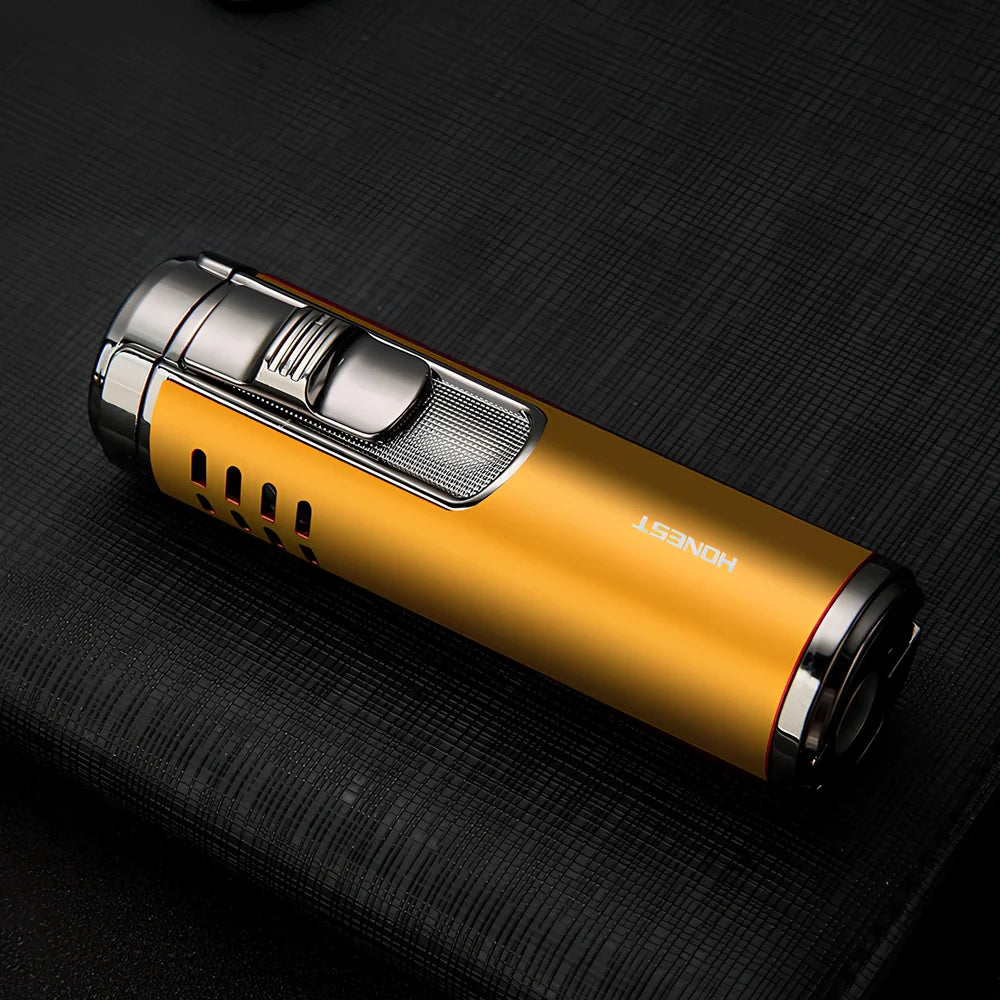 Zinc alloy cylindrical cigar lighter with four-straight flame design in choice of five colours