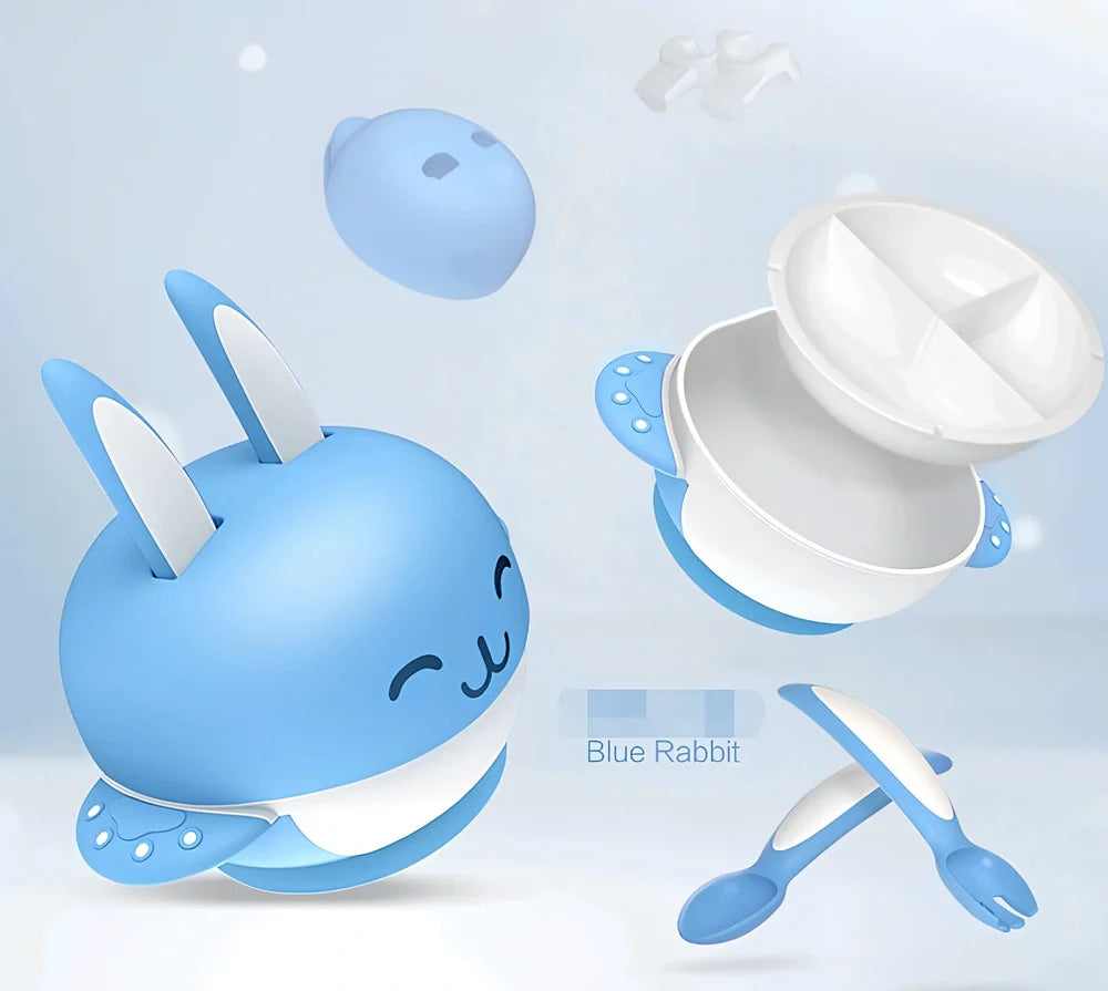 Six-piece baby tableware set with antibacterial polymer material in blue and red colours