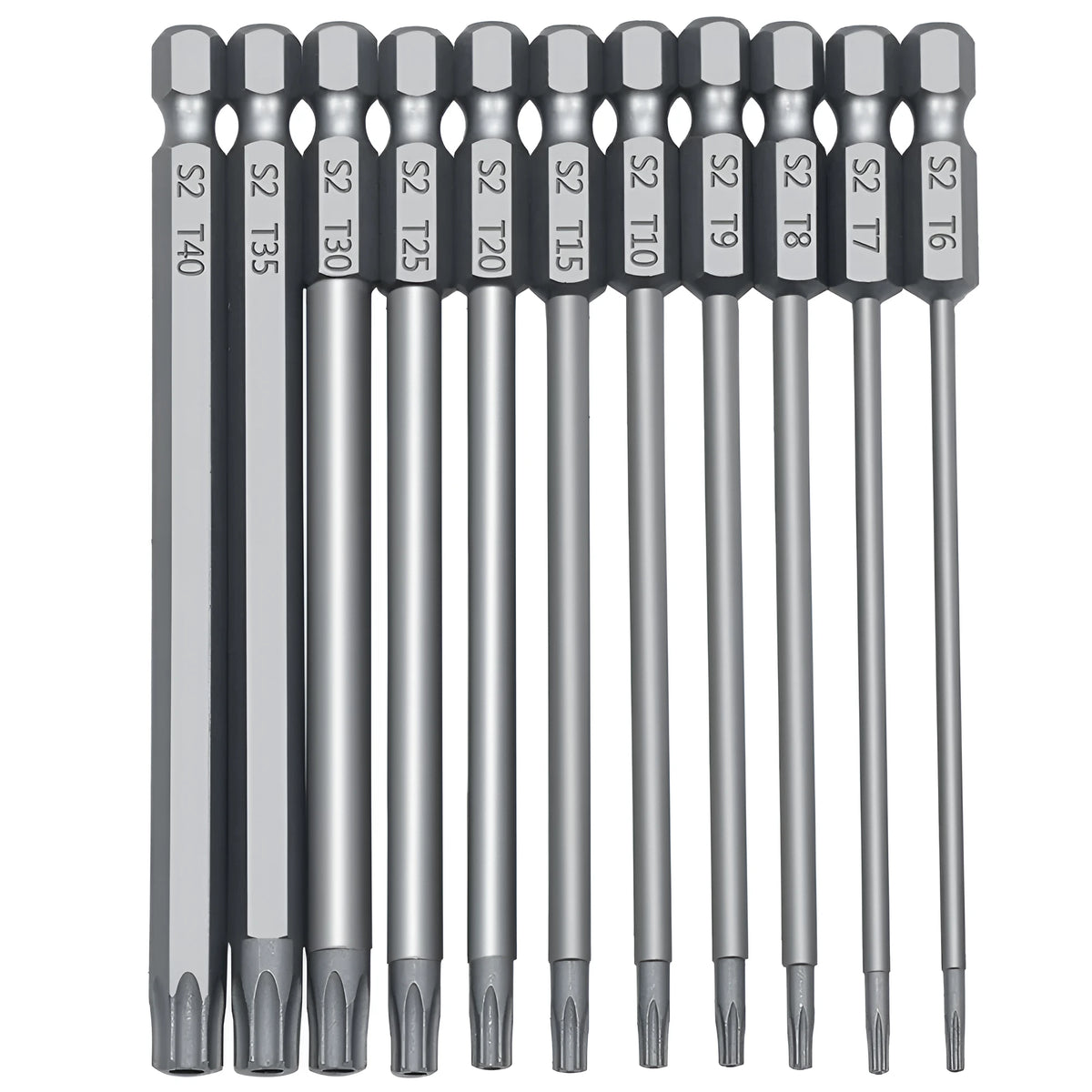 Set of alloy hexagon handle screwdrivers in 50mm, 75mm, and 100mm lengths with plum blossom hollow tips.