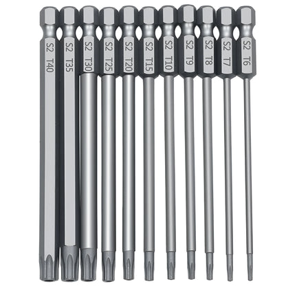 Set of alloy hexagon handle screwdrivers in 50mm, 75mm, and 100mm lengths with plum blossom hollow tips.