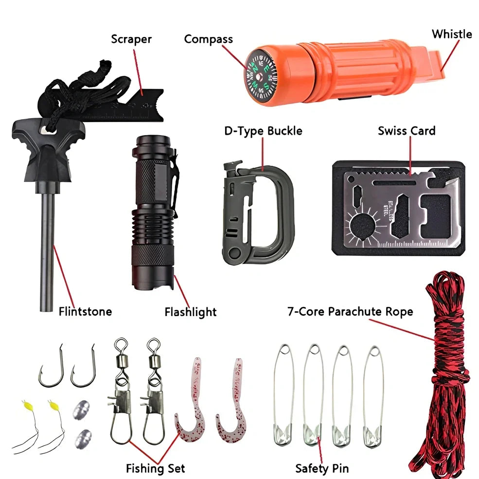 Outdoor survival tool set with compass, whistle, rope, and fishing gear in 168×105×48mm black box