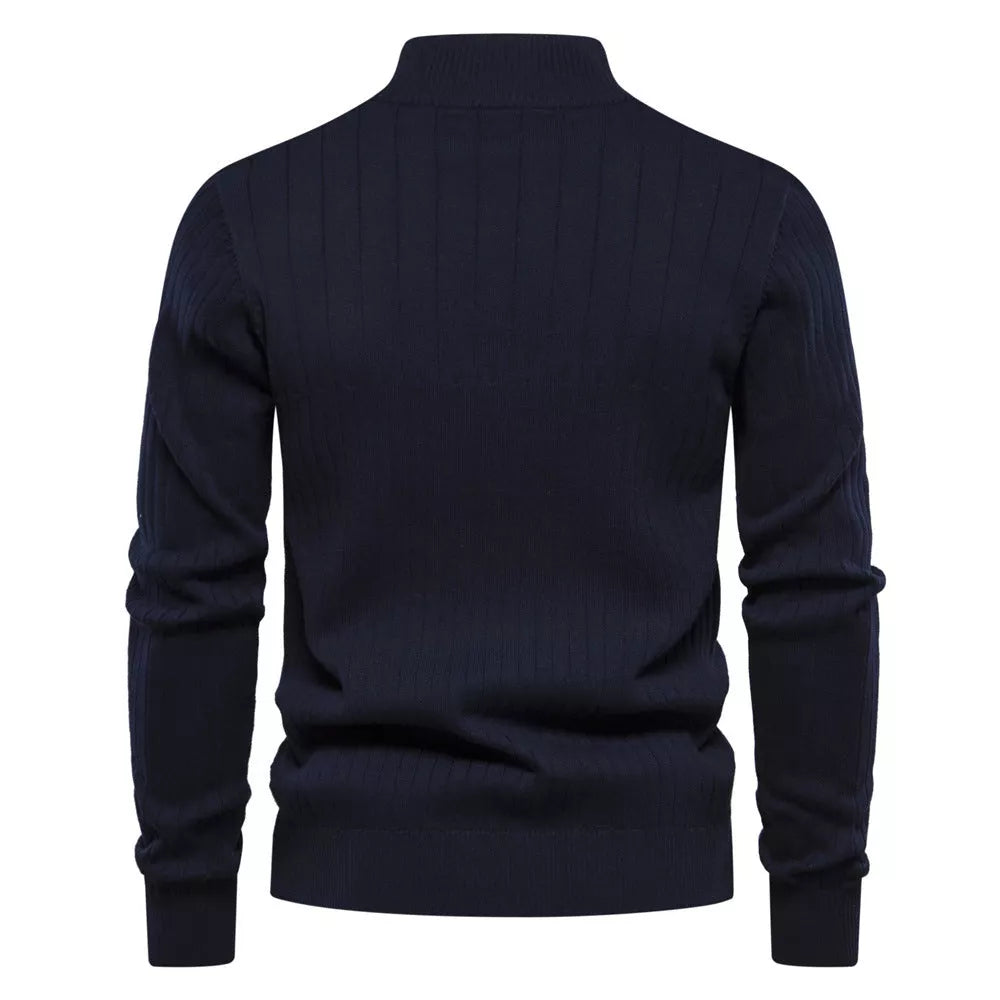 Men's stand collar half-zipper knit sweater in slim fit, available in multiple colors