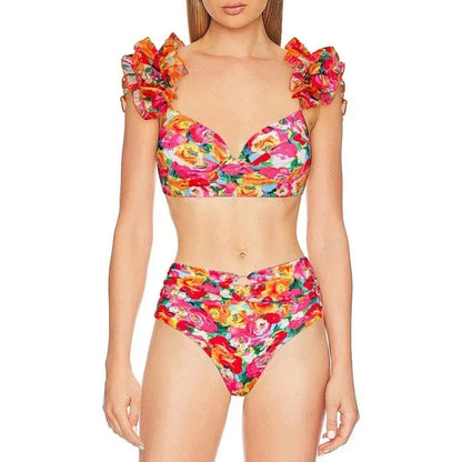 Women's floral print push-up bikini set with high-waist briefs and matching swimsuit skirt
