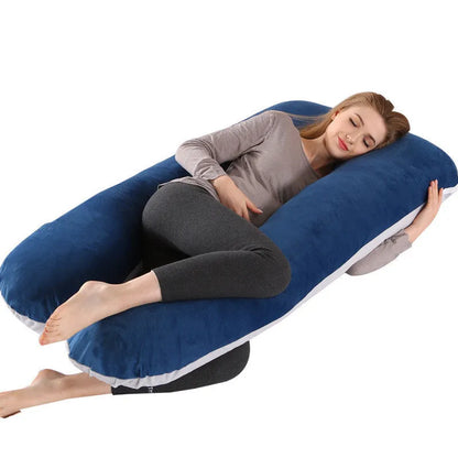 Large U-shaped pregnancy support pillow with removable cover and abdominal support belt.