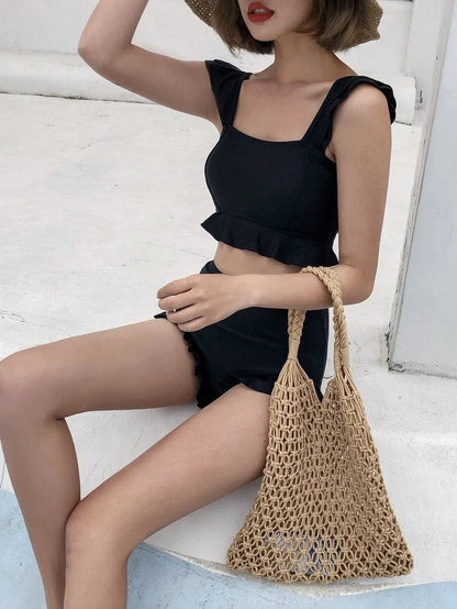 Black split bikini with steel tray support and no underwire, showing front and back views