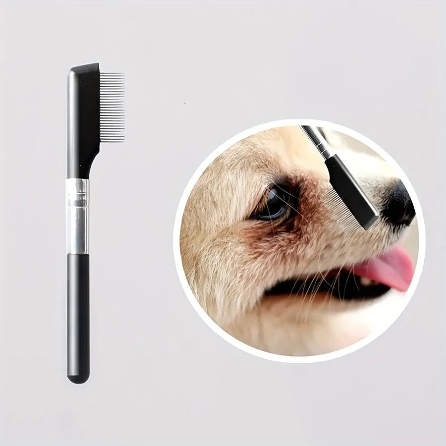 Black pet grooming brush with silicone bristles and plastic comb for dog and cat eye care.
