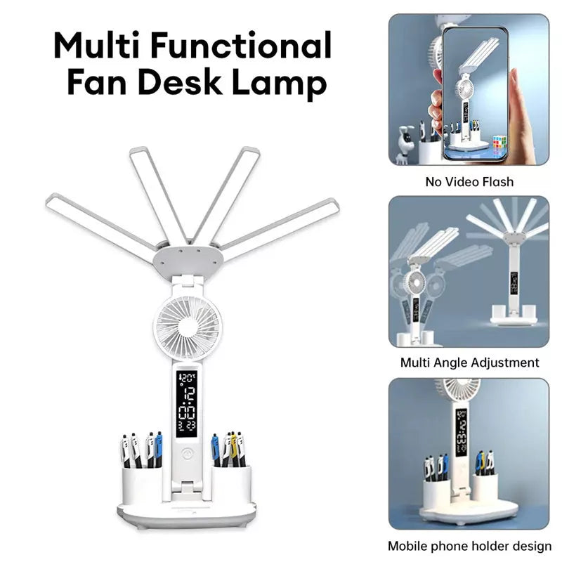3-in-1 Multifunction LED Desk Lamp with fan, calendar clock, and adjustable lighting