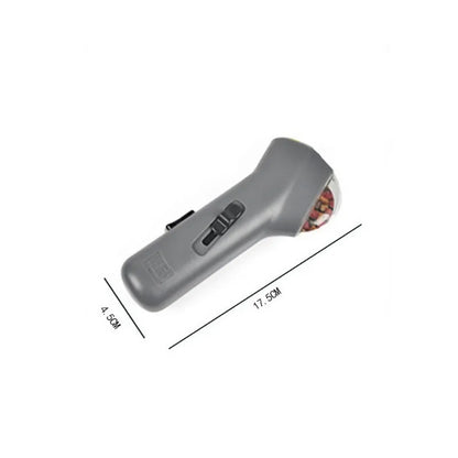 Grey plastic pet snack catapult launcher toy with ergonomic handle, shown with treats.