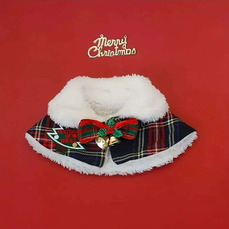 Pet wearing Christmas scarf with snowflake pattern, showing adjustable fit and holiday design details