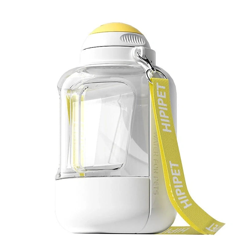Portable 2-in-1 dog and cat water bowl with food container, available in white, yellow, and grey colors