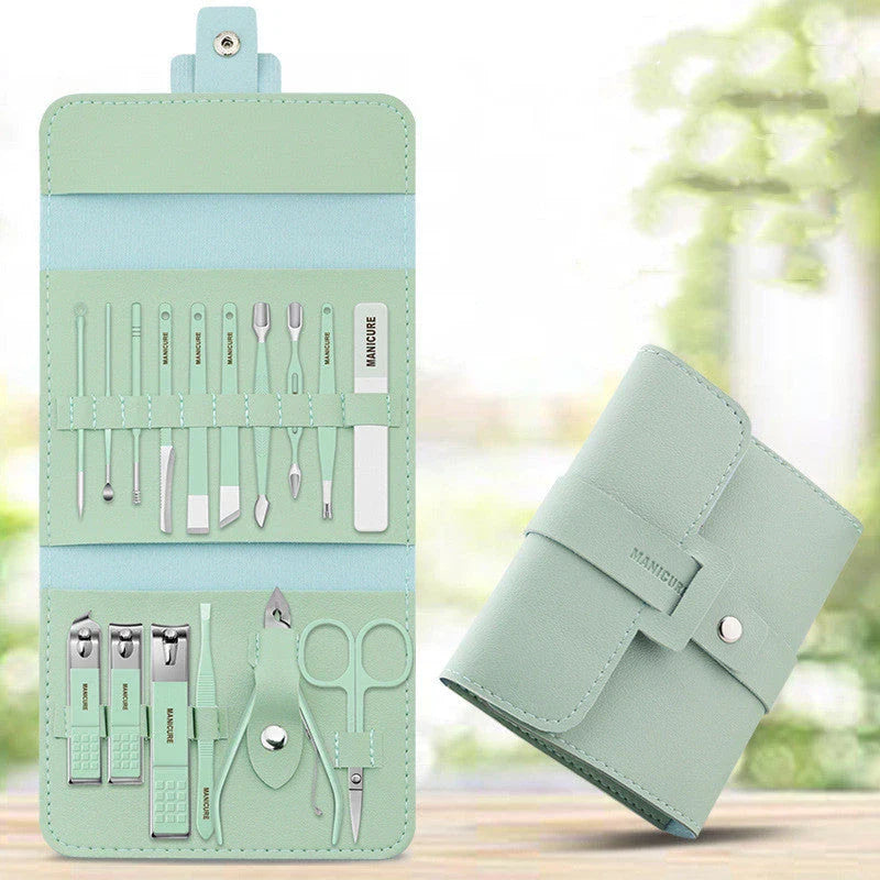 Premium 16-piece manicure set with sleek leather case, including nail clippers, scissors, tweezers, and other grooming tools