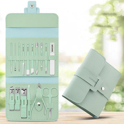 Premium 16-piece manicure set with sleek leather case, including nail clippers, scissors, tweezers, and other grooming tools
