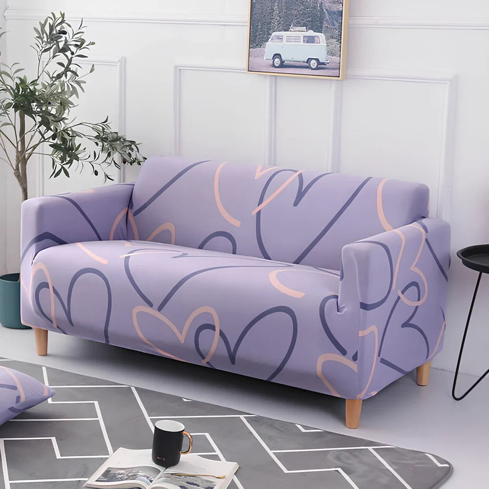Elastic sofa cover on three-seat sofa showing stretch fabric fitting sofa length 190-230cm