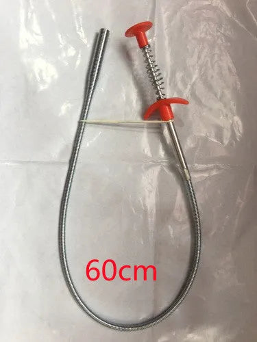 Stainless steel sewer dredge spring drain cleaning tool with a black PP handle.