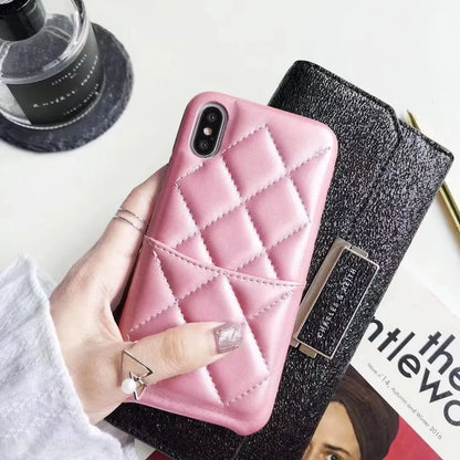 Leather mobile phone case for iPhone XS Max in black, pink, and red colour options.