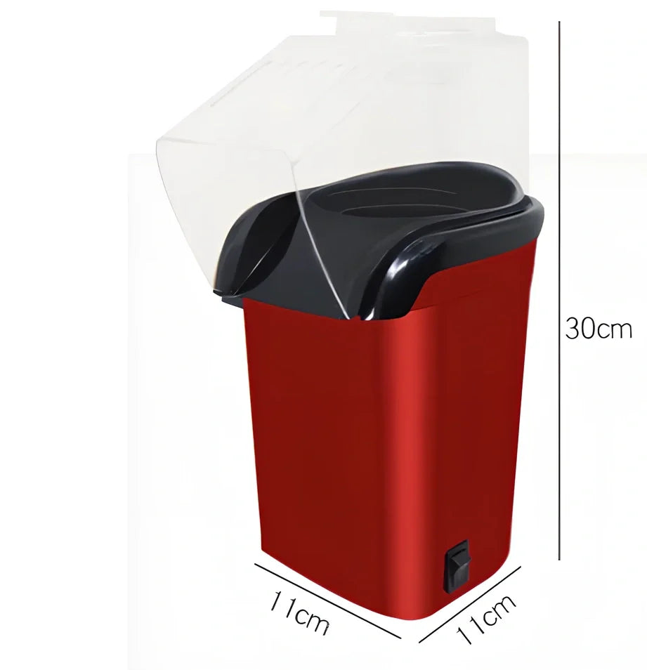 Red countertop popcorn machine with aluminium cooking surface and 1200W heating element