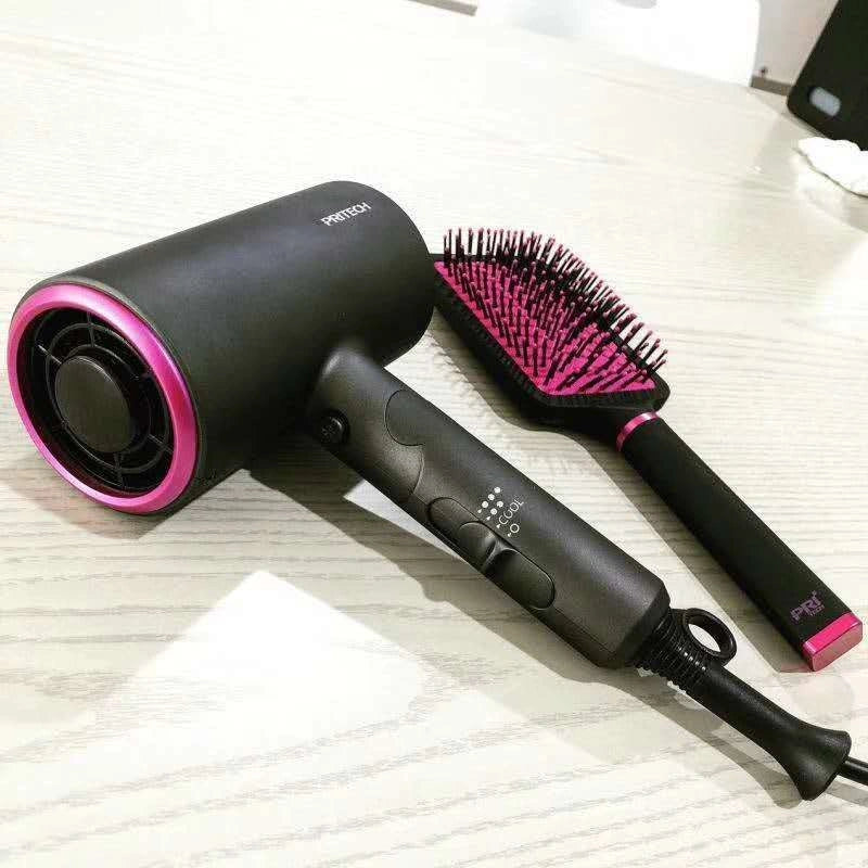 Mini hair dryer with diffuser in grey, red, or white, compact and portable for travel