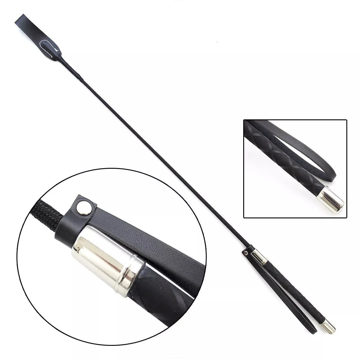 Black PU leather riding whip with non-slip handle and wrist strap, 70cm length