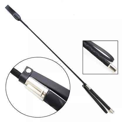 Black PU leather riding whip with non-slip handle and wrist strap, 70cm length