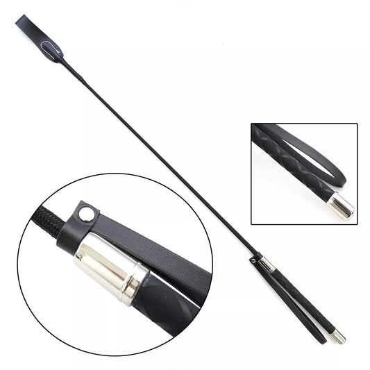Black PU leather riding whip with non-slip handle and wrist strap, 70cm length