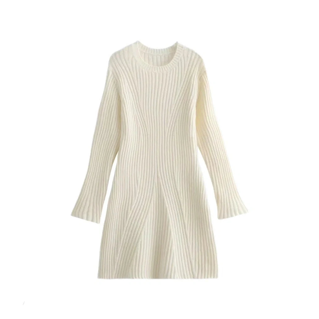 A stylish ribbed knit dress in a variety of classic colors, featuring a slim-fit silhouette and a chic stand-up collar for a flattering, versatile look.