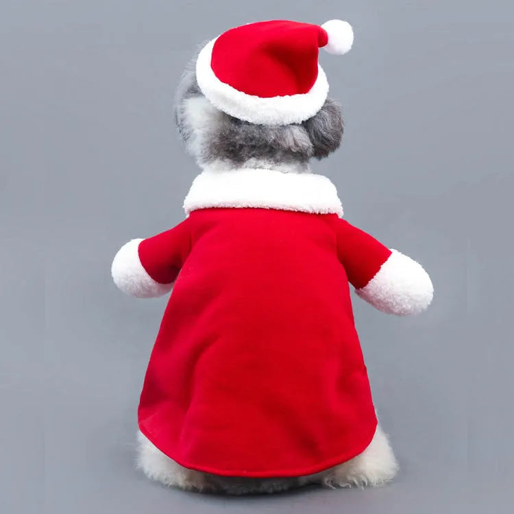 Red polar fleece Santa Claus costume for pets on dog with Christmas background