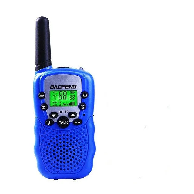 Two children's handheld walkie talkies in bright colours showing channel selector and antenna.