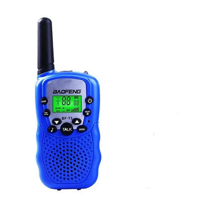 Two children's handheld walkie talkies in bright colours showing channel selector and antenna.