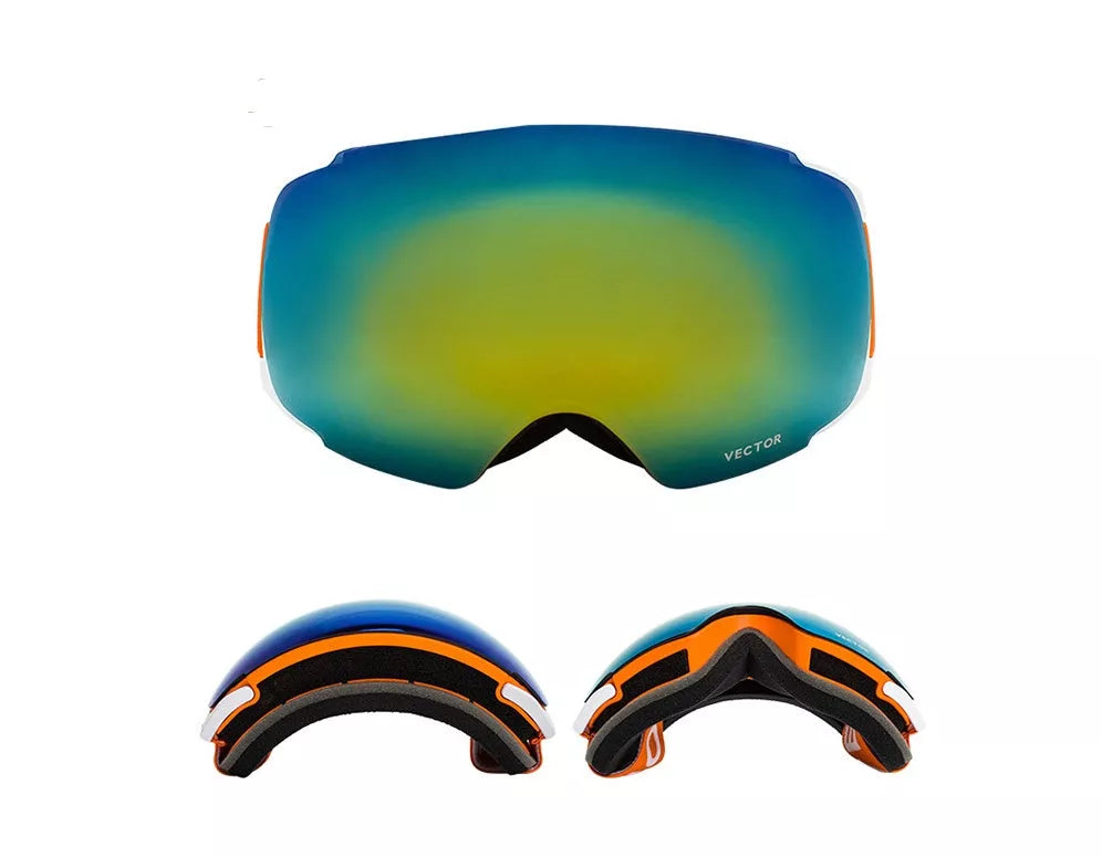 Compass ski glasses with anti-fog lenses and magnetic feature in army green, black, orange, and blue